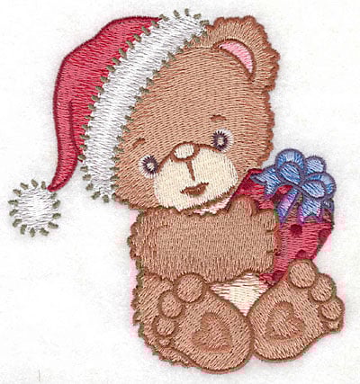 Embroidery Design: Bear holding gift large<br>4.55w X 5.00h