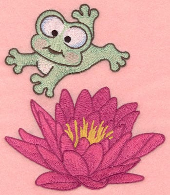 Embroidery Design: Leaping frog over water lily<br>5.00w X 5.80h