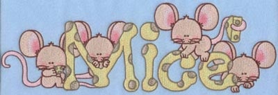 Embroidery Design: Mice text with four mice<br>11.74w X 3.78h