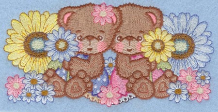 Embroidery Design: Two bears amidst daisies large<br>7.00w X 3.45h