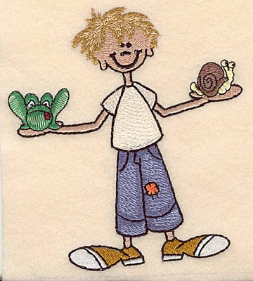 Embroidery Design: Boy with frog and snail large <br>4.43"w X 4.99"h
