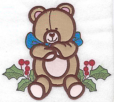 Embroidery Design: Teddy bear on holly (2 appliques)<br> 5.53w X 4.99h