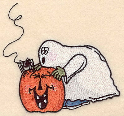 Embroidery Design: Ghost with pumpkin large <br>5.00"w X 4.81"h