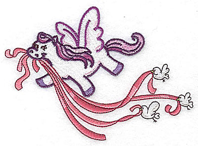Embroidery Design: Pegasus with birds and ribbons large<br> 4.95w X 3.51h