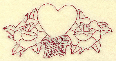 Embroidery Design: True love heart and roses redwork<br> 4.91w X 2.45h