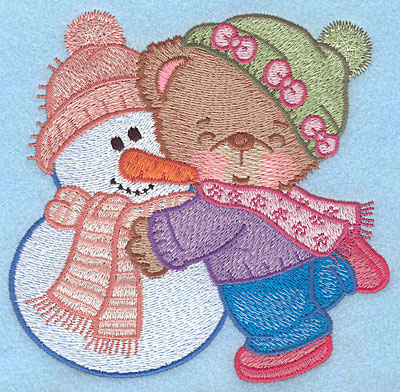 Embroidery Design: Bear hugging snowman large<br>4.84"Hx5.00"w