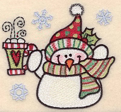 Embroidery Design: Snowman with mug large<br>4.09"H x 4.35"W