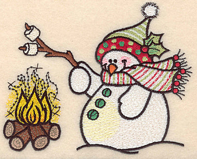 Embroidery Design: Snowman at fire large<br>4.55"H x 5.65"W