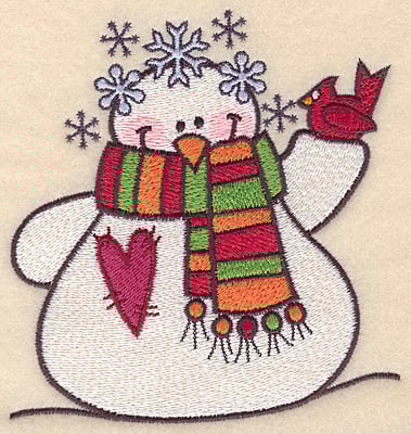 Embroidery Design: Snowman with cardinal large<br>5.00"H x 4.77"W