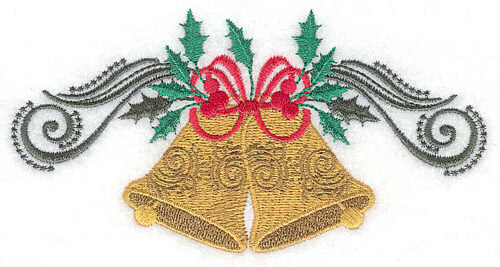 Embroidery Design: Christmas Bells bow swirls and holly<br> 5.47w X 2.82h