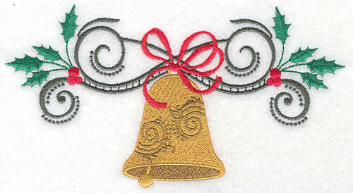 Embroidery Design: Christmas Bell with bow swirls and holly<br> 6.95w X 3.76h