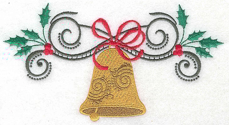 Embroidery Design: Christmas Bell with bow swirls and holly<br> 6.95w X 3.76h | Embroidery Legacy Embroidery Design: Christmas Bell with bow swirls and holly<br> 6.95w X 3.76h