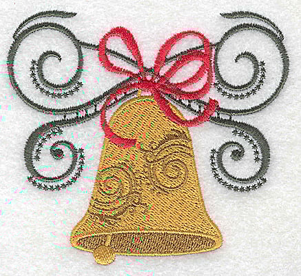 Embroidery Design: Christmas Bell with bow and swirls<br> 3.88w X 3.50h | Embroidery Legacy Embroidery Design: Christmas Bell with bow and swirls<br> 3.88w X 3.50h
