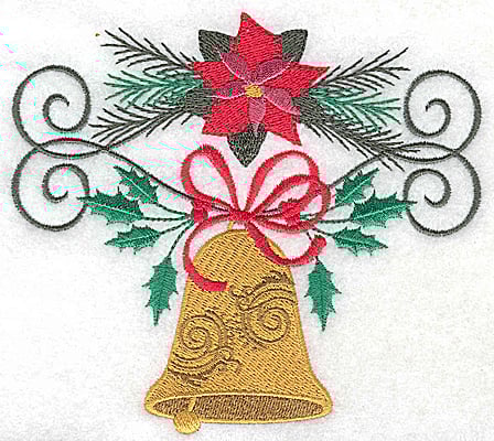 Embroidery Design: Poinsetta and bell with bow<br> 5.29w X 4.77h