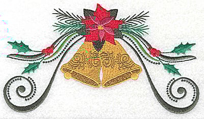 Embroidery Design: Poinsetta with bells and swirls<br> 6.98w X 3.92h | Embroidery Legacy Embroidery Design: Poinsetta with bells and swirls<br> 6.98w X 3.92h