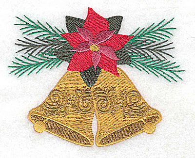 Embroidery Design: Christmas Bells poinsetta and evergreen<br> 3.86w X 3.00h