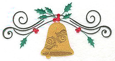 Embroidery Design: Christmas Bell with swirls and holly<br> 6.96w X 3.62h