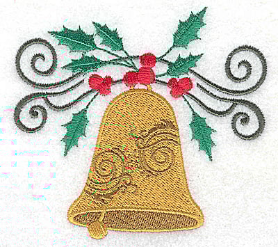 Embroidery Design: Christmas Bell with swirls and holly small<br> 2.89w X 3.62h | Embroidery Legacy Embroidery Design: Christmas Bell with swirls and holly small<br> 2.89w X 3.62h