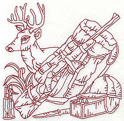 Embroidery Design: Deer head bedroll and rifle large<br> 6.06w X 6.06h