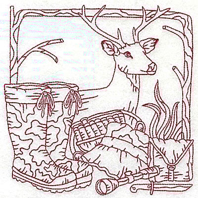 Embroidery Design: Deer head boots and hunting gear large<br> 6.06w X 6.06h | Embroidery Legacy Embroidery Design: Deer head boots and hunting gear large<br> 6.06w X 6.06h