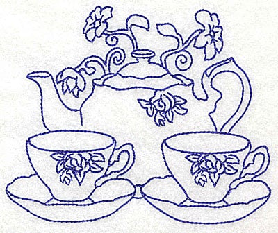 Embroidery Design: Teapot with teacups large<br> 4.97w X 4.10h