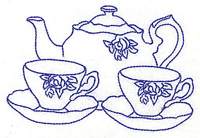 Embroidery Design: Floral teapot with teacups<br> 4.97w X 3.28h | Embroidery Legacy Embroidery Design: Floral teapot with teacups<br> 4.97w X 3.28h