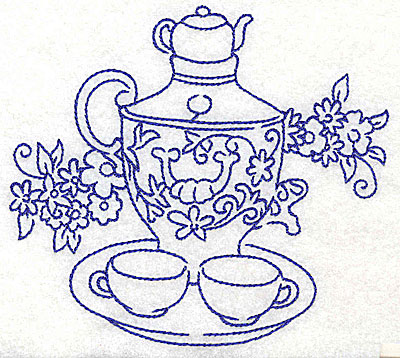 Embroidery Design: Teapot with teacups on tray large<br> 4.96w X 4.54h
