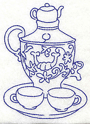 Embroidery Design: Teapot with teacups on tray<br> 3.57w X 4.94h