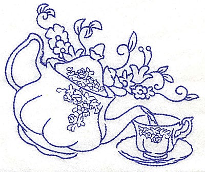 Embroidery Design: Teapot pouring tea into teacup large<br> 4.97w X 4.04h