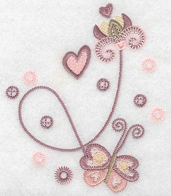 Embroidery Design: Butterfly flower heart <br> 5.35"h x 4.46"w