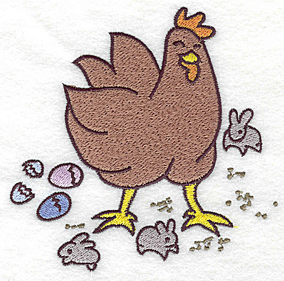Embroidery Design: Chicken with eggs and bunnies large<br> 4.91w X 4.96h