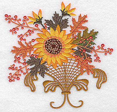 Embroidery Design: Sunflower berries leaves and vase<br> 4.96w X 4.97h