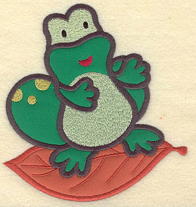 Embroidery Design: Frog on leaf double applique<br> 4.61w X 4.96h