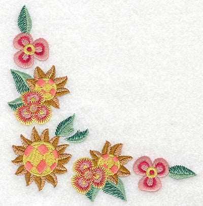 Embroidery Design: Floral corner E large <br> 4.57w X 4.96h