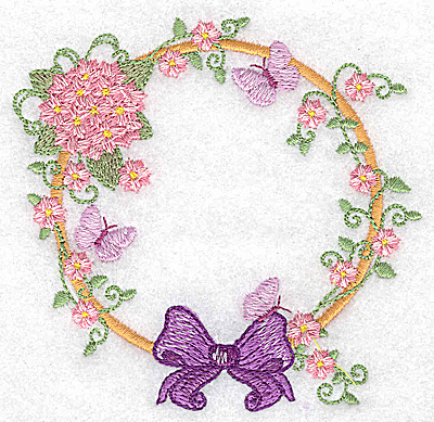 Embroidery Design: Hydrangea bow and butterflies<br> 3.88w X 3.81h