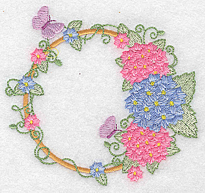 Embroidery Design: Hydrangea butterflies and blossoms <br> 3.88w X 3.61h