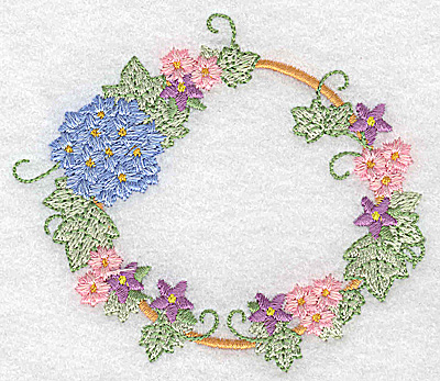 Embroidery Design: Hydrangea and blossoms circular<br> 3.87w X 3.32h