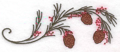 Embroidery Design: Pine bough with cones and berries <br>5.00"w X 2.00"h