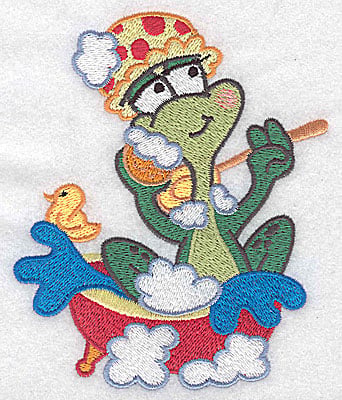 Embroidery Design: Frog in bathtub large<br> 4.14w X 4.95h