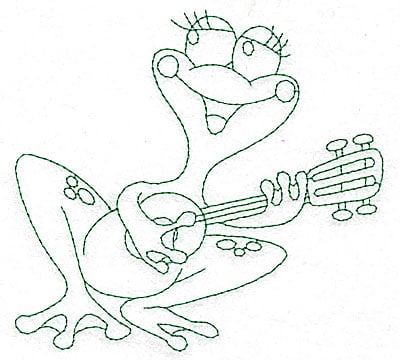 Embroidery Design: Frog with guitar outlines<br> 4.97w X 4.64h