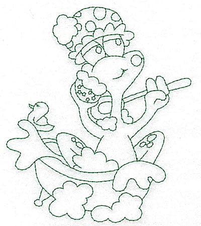 Embroidery Design: Frog in bathtub outlines<br> 4.20w X 4.95h