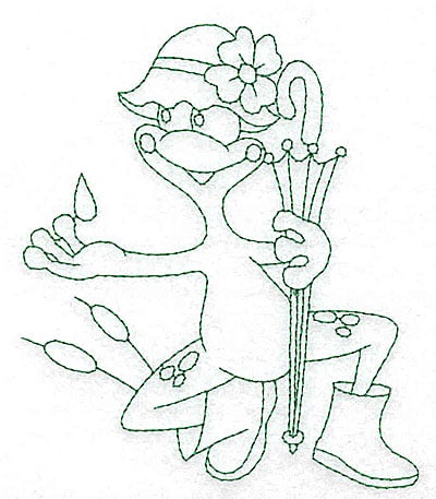 Embroidery Design: Frog in rainhat outlines<br> 4.13w X 4.95h