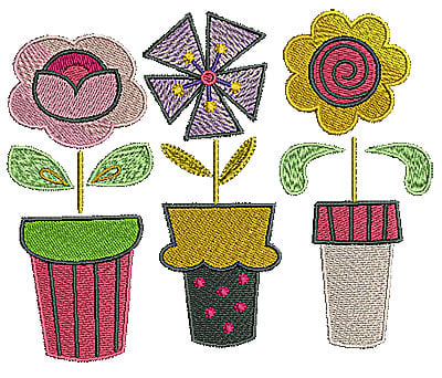 Embroidery Design: Flower pot trio<br> 6.06w X 5.00h