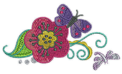 Embroidery Design: Butterfly on flower with vines<br> 4.72w X 2.68h | Embroidery Legacy Embroidery Design: Butterfly on flower with vines<br> 4.72w X 2.68h