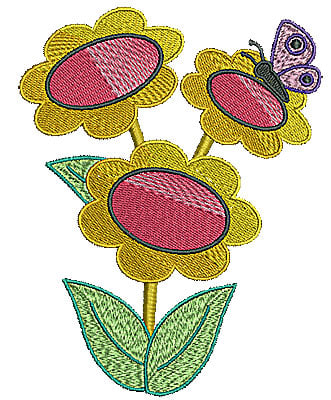 Embroidery Design: Butterfly on flower trio<br> 4.67w X 5.98h