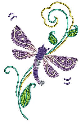 Embroidery Design: Dragonfly with vine<br> 4.07w X 6.50h | Embroidery Legacy Embroidery Design: Dragonfly with vine<br> 4.07w X 6.50h