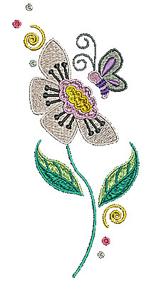 Embroidery Design: Flower with butterfly<br> 3.21w X 6.97h