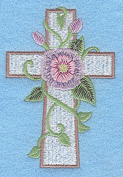 Embroidery Design: Cross with mave and pink flower small<br> 2.56w X 3.78h