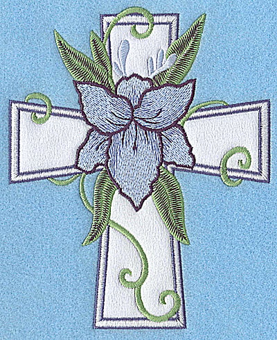 Embroidery Design: Cross applique with blue flower<br> 6.01w X 4.87h