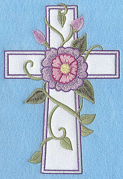 Embroidery Design: Cross applique with mauve and pink flower<br> 6.91w X 4.70h